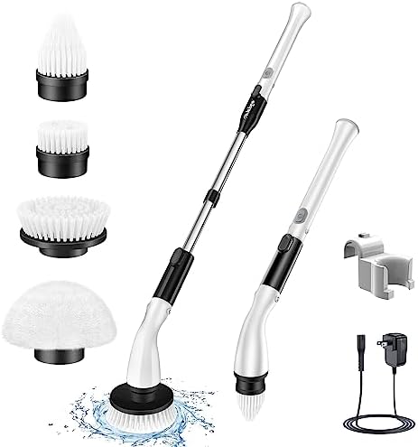 LABIGO Electric Spin Scrubber LA1 Pro, Cordless Spin Scrubber with 4 Replaceable Brush Heads and Adjustable Extension Handle, Power Cleaning Brush for Bathroom Floor Tile (Black)