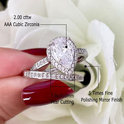 CEJUG 2Ct Teardrop Bridal Rings Sets for Women Halo Pear Cubic Zirconia Solitaire Promise Engagement Rings 18K Gold Plated 6-104