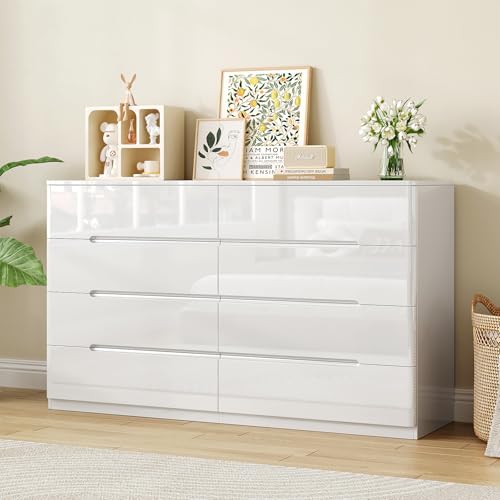 Image of White Wood Dresser, 8 Drawer Dressers for Clothes Storage for Bedroom, Modern Dresser with Wide Drawers, Wide Wooden Chest Drawers for Living Room, Entryway, TV Stand