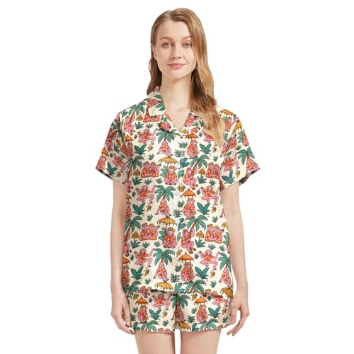 Image of Funny Pajamas for Women Set Print Satin Loungewear Pjs Short Sleeve Button Down Top and Shorts Sets Sleepwear XS-3XL