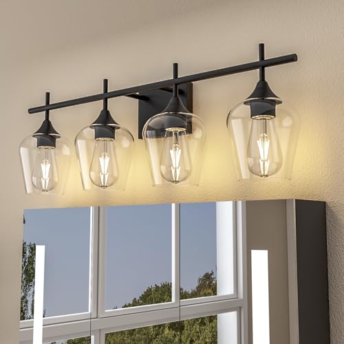 Image of Vanity Bathroom Light, 4-Light 29'' Bathroom Light Fixtures Over Mirror, Black Vanity Lights for Bathroom with Clear Glass, Modern Wall Lamp for Cabinet Hallway, Bedroom