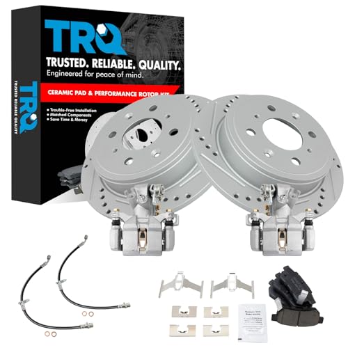 Image of TRQ Performance Rear Brake Pad and Rotor Set Ceramic Slotted Drilled G Coated Rotors Calipers Compatible with 1992-1994 Honda Civic
