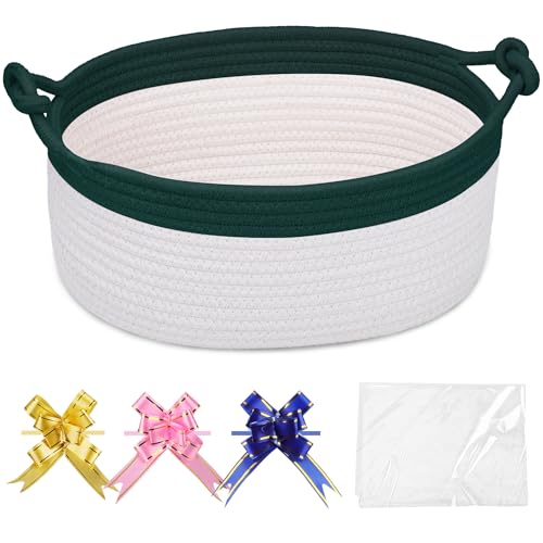 Image of COMSE Small Gift Basket Empty with Bag & Ribbons, Dark Green & White