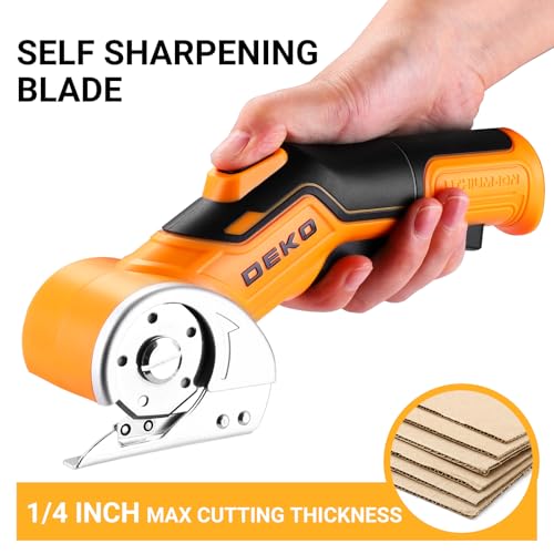 Image of Cordless Electric Scissors Cardboard Cutter: DEKOPRO 4V 2000mAh Electric Box Cutter, Rechargeable Power Rotary Cutting Tool with Safety Lock, 389g Carpet Scissors with 2 Blade, Type-c(Yellow)