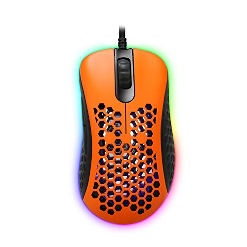 EQEOVGA Ratón ligero para juegos D10 RGB con carcasa ligera de panal de abeja PMW3360 12000 DPI, sensor óptico, cable ultra ligero (naranja brillante)