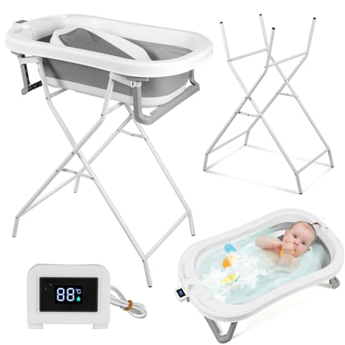 ISOISL Bañera para bebé con estructura, plegable con termómetro, bañera independiente para bebés de 0 a 3 años, ahorra espacio, ergonómica, 80 cm, gris/blanco