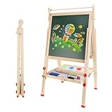 Dripex Kinder Tafel Faltbare Holz Kindertafel Malerei Holztafel Doppelseitige Kreidetafel und Whiteboard Höhenverstellbar Standtafel mit 26Stk Malzubehör (ab 3 Jahre)