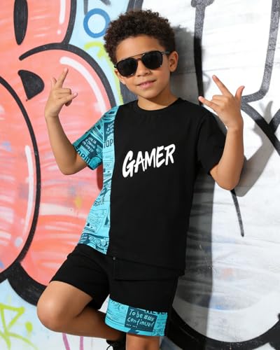 Image of OLMRJKD Boys 2 Piece Outfits Short Sleeve Colorblock T-shirt and Shorts Summer Casual Clothes for 6-12 Years