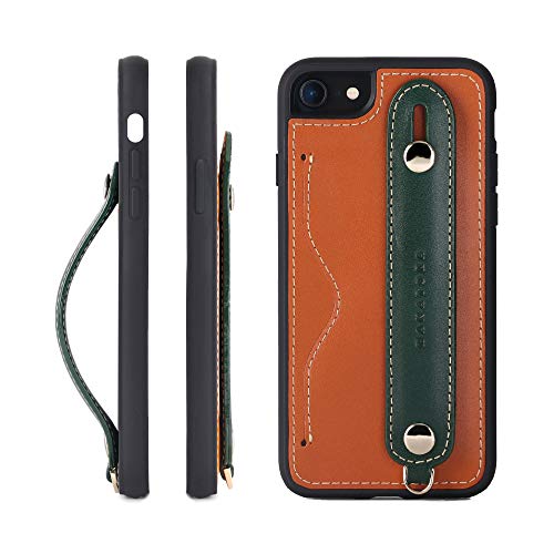 HANATORA iPhone SE3/SE2 /8/7 グリップケース レザー 本革 ストラップ付属 イタリア製牛革 ヌメ革 片手操作 カード収納 スタンド機能 メンズ レディース ブラウン/グリーン CGH-8SE-Brown-GN