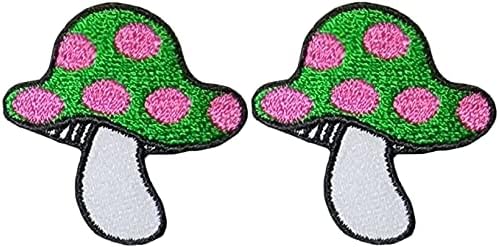 Set 2 of Small Cute Mini Mushroom Shape Tiny Decal Applique Sew Iron on Embroidered Patches - Green & Pink (MUSH-GN01-MINI2) image 2