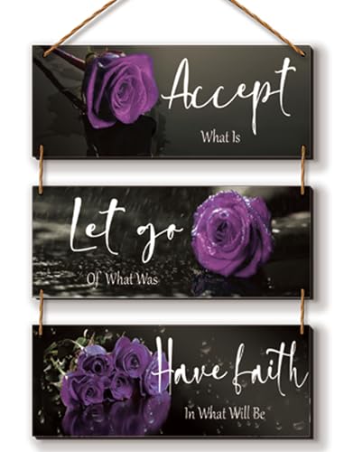 Décoration murale violette en bois lot de 3 plaques inspirantes salle de bain
