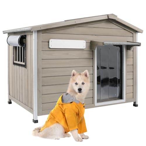 Outdoor Dog House with Reinforced Iron Frame, Wooden Kennel with Weather-Resistant Roof, Removable Floor, Vent Window & Easy Assembly, for Medium & La