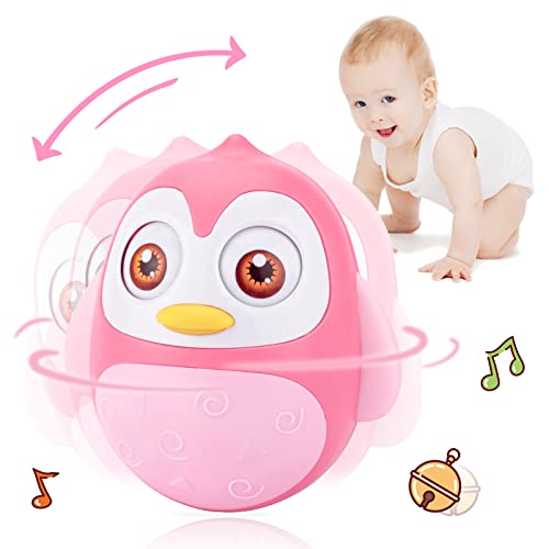 Image of UNIH Roly Poly Baby Toys 6 to 12 Months Developmental, Tummy Time Wobbler Toy for Baby, Penguin Tumbler Wobbler Toys for Infant Boy Girl Gifts (Pink)