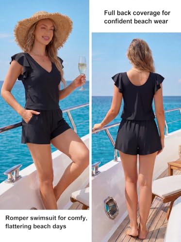 Image of Smismivo Swim Romper with Built in Bra and Pockets Swim Dress Modest One Piece Swimsuit Full Coverage Bathing Suit