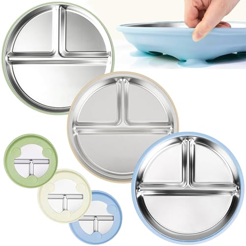 UptVin 3 Stück Edelstahl Babyteller mit Saugnapf, 23cm Geteilte Kinderteller mit Abnehmbarem Silikonhüllen, Rutschfest, Unzerbrechlich, BPA-frei, Spülmaschinenfest (Blau, Grün, Beige)