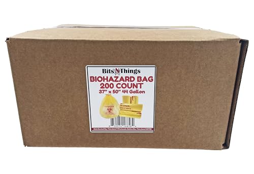 Bits N Things Infectious Biohazard Yellow Waste Bags Hazardous Trash Can Liners | Medical Grade No Leak Bags | Great for Lab Containers, Swabs, Pads, Gloves | 200 Count - 37\" x 50\" (44 Gallon)