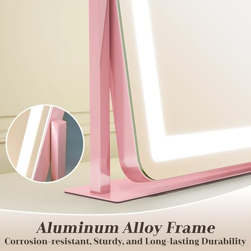 Image of ROLOVE 22x16 Inch Pink Vanity Mirror with Lights,Dimmable LED Lights,3 Color Modes, Smart Touch Control,10X Magnification,Light up Makeup Mirror for Desk, Gift for Teen Girls