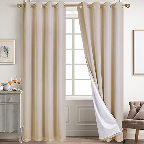Diraysid 100% Blackout Curtains Beige Linen Curtains for Bedroom Grommet Thermal Insulated Room Darkening Drapes (2 Panels, W52 x L108 Inch)