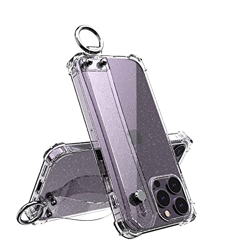 Coque iPhone 14 Pro Max antichoc transparente pailletée avec cordon de poignet réglable fille
