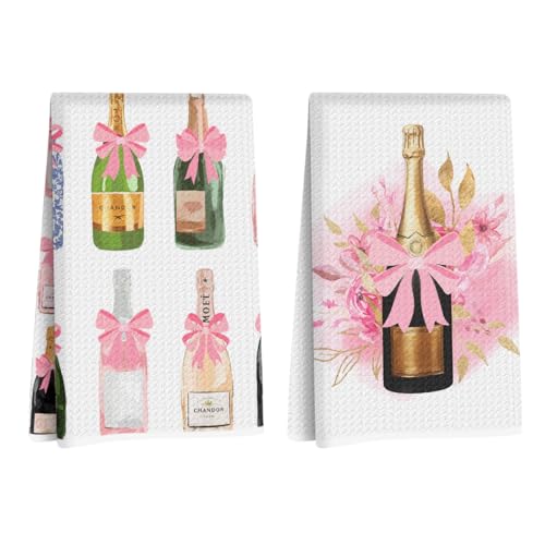 2Pcs Elegant Champagne Bottle Kitchen Towels 24x14 Inch, Coquette Pink Bow Waffle Hand Towels for Kitchen Home, Absorbent Soft Microfiber Dish Cloth Tea Towel, Housewarming Gifts for Women