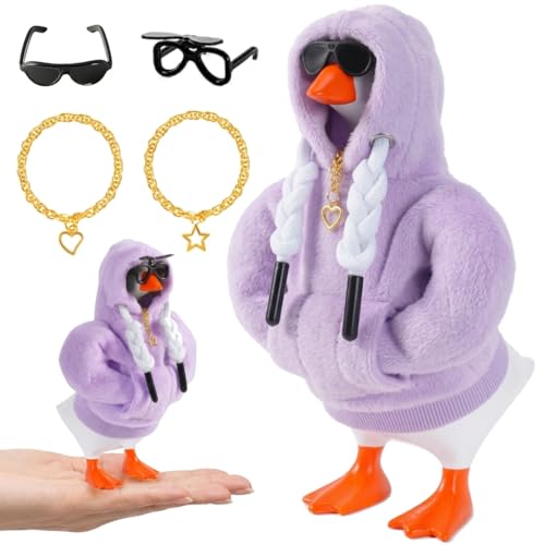 SECVOY 7inch Desk Goose Outfits Mini Desktop Goose Clothes with 2 Sunglasses & 2 Necklaces Purple Plush Hoodie Set Accessories for Magnetic Goose Statue (Purple Hoodie)