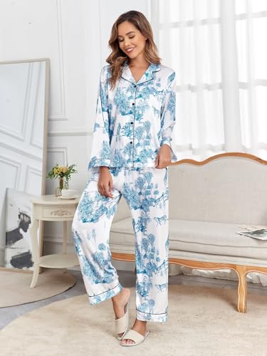 Image of Brosloth Women's Silk Satin Pajamas Pjs Sets Cute Lace Pattern Two Piece Loungewear Set Button Up Pajamas Sleepwear Black