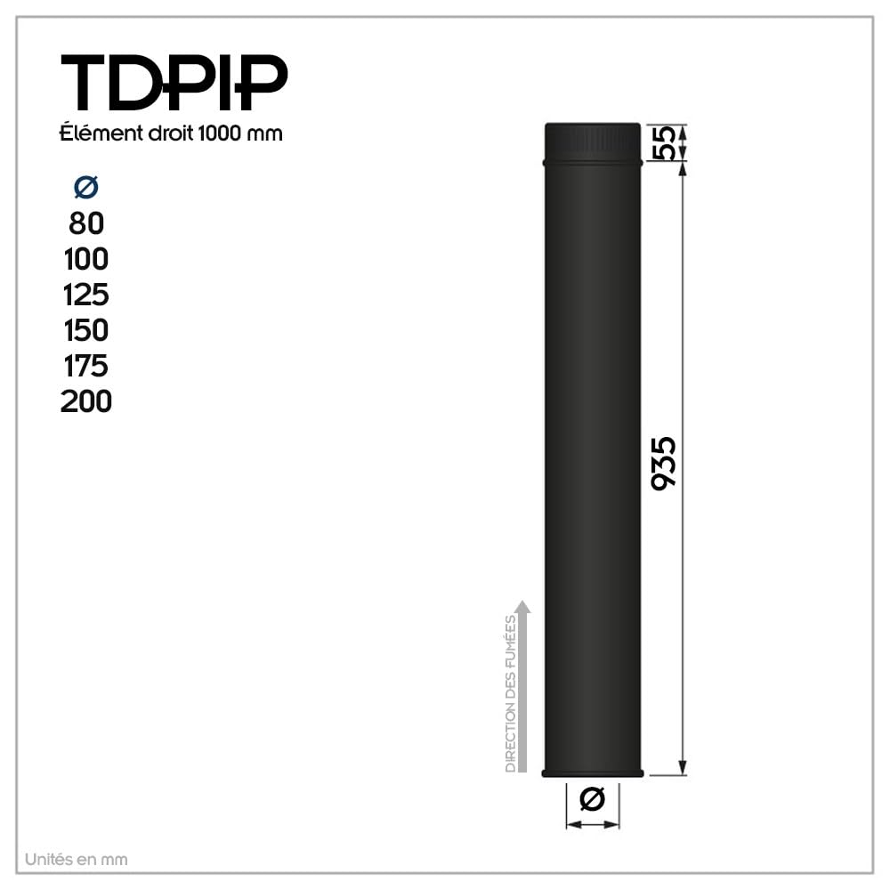 TDPI1000 - Conducto doble pared aislado policombustible (100 cm), color negro Ø100