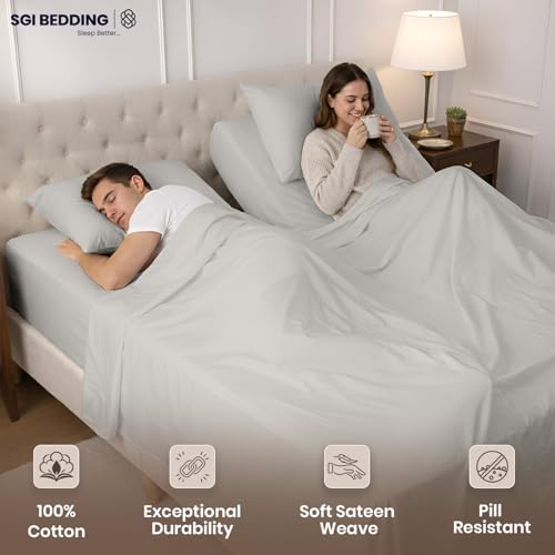 Image of SGI Split King Sheet Set for Adjustable Bed Egyptian Premium Cotton 600 Thread Count Sheets for Sleep Number Bed 15 inch Deep Pocket 5 Pc Set with 2 Twin XL Fitted Sheets Soft Breathable -Light Grey