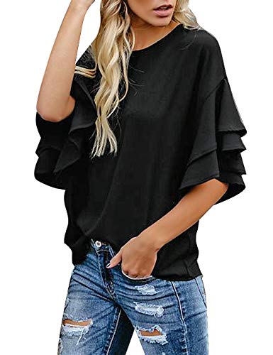 Luvamia LV-2E-WT-1786_B-XL Women'S Black Casual 3/4 Tiered Bell Sleeve Crewneck Loose Tops Blouses Shirt Size Xl thumb #1