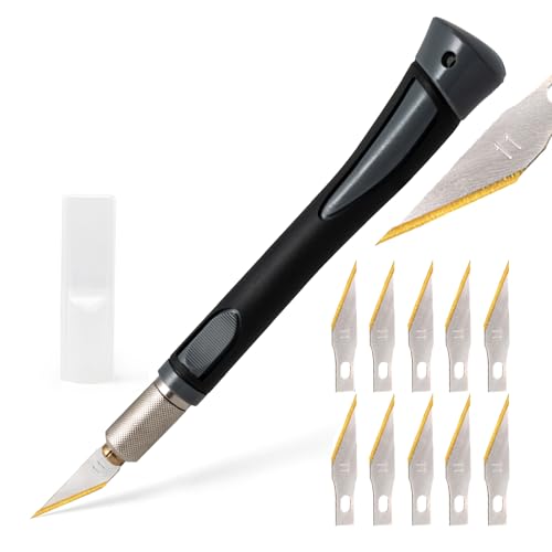 EHDIS Cuter Manualidades Precision con 10 Cuchillas de Premium de Titanio, Cuter de Precisioncon con Mango de Goma, para Cortar y Tallar, Gris
