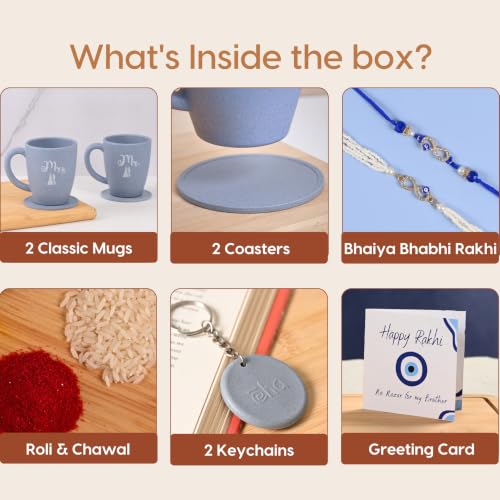 Image of Eha Earth Friendly Rakhi for Brother and Bhabhi Gift Made with Rice Husk | Bhaiya Bhabhi Rakhi Set | Printed Mugs & Rakhi Hamper | Gift for Rakshabandhan