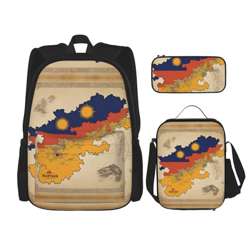 Kingdom Of Bhutan Flag Map 01 Print 3 Piece Set Backpack, Lunch Bag, Pencil Case, Cute Sturdy For College And Travel