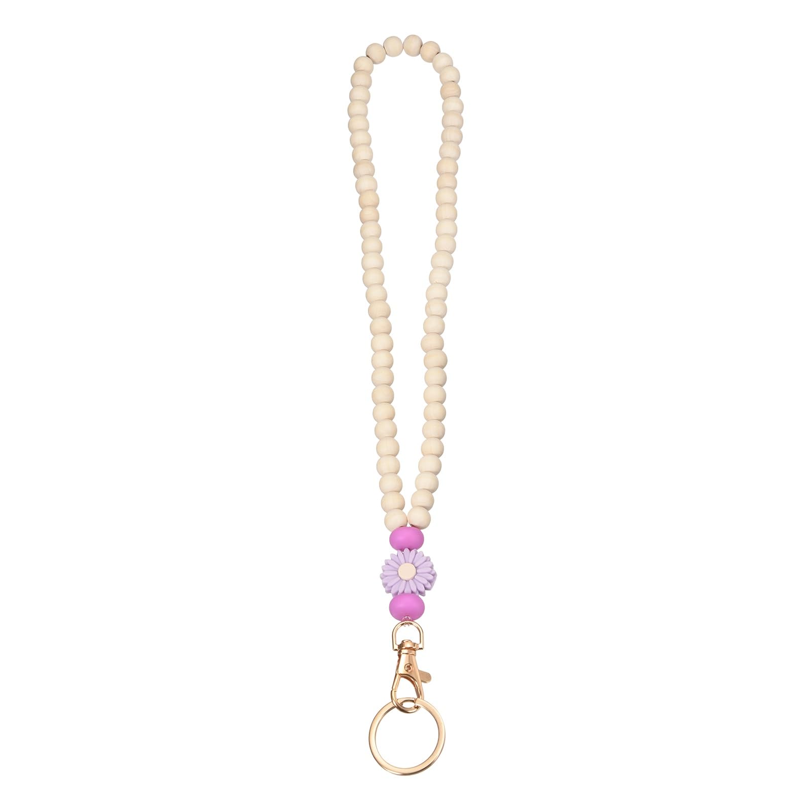 PATIKIL Wood Beaded Lanyard, 370mm Cute Flower Wooden Teacher Lanyards for Women Key Ring for ID Badges Holder Keychain Office Worker, Purple