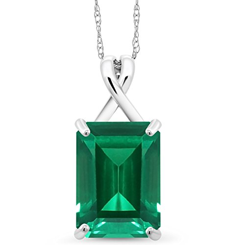 Gem Stone King 10K White Gold 14X10MM Emerald Cut Gemstone Birthstone Pendant Necklace | Gold Necklace For Women | With 18 Inch 10K White Gold Chain