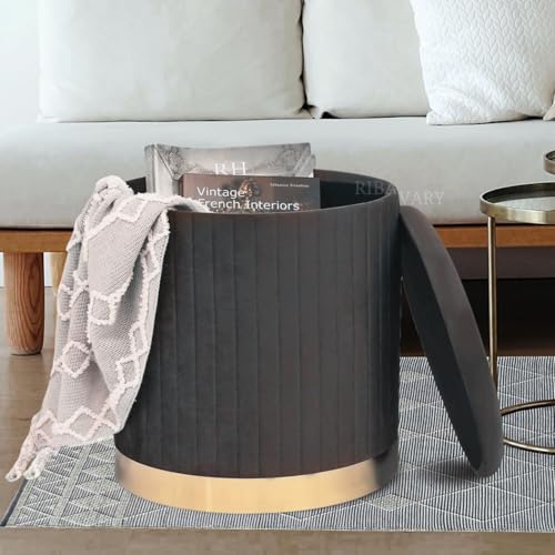 Image of Round Velvet Luxurious Storage Ottoman, Pouf with Storage Vanity Stool Chair,Upholstered Foot Rest Stool with Gold Strip Base for Living Room or Bedroom (Black, Medium- 36Dx36Wx40H)