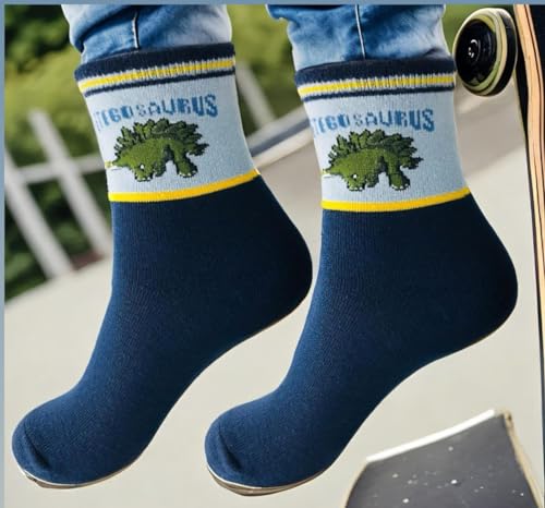 Tiny Captain Boys Dinosaur Socks 4-7 Year Old Best Gift Age 7-10 Boy Cotton Crew Sock 5 Pack Set From 2 Sizes3