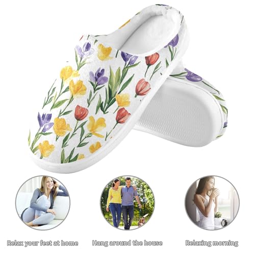 JUNZAN Spring Flowers Tulips Iris White Women Home Cotton Slippers Washable Memory Foam Mens Slippers for Hospital Funny Presents 6-73