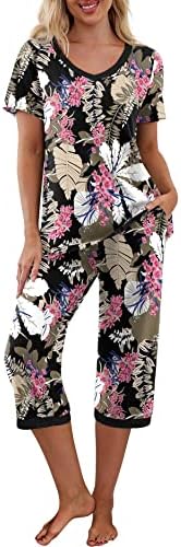 PrinStory Women's Pajama Set Short Sleeve Shirt and Capri Pants Sleepwear Pjs Sets with Pockets FP-Big Leaf Pink-Large
