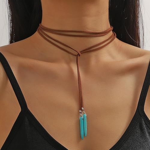 Boho Feather Turquoise Leather Choker Necklace for Women Bohemian Handmade Leaf Layered Black Brown Suede Cowgirl Cowboy Necklace for Western Style Country Party Trendy Jewelry Gifts (Long brown necklace)2