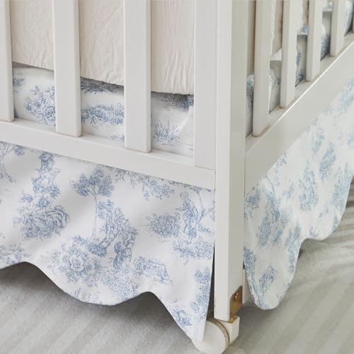 Image of Brandream French Country Toile Crib Skirt, Baby Girl Gender Neutral Crib Skirt Scalloped Toddler Bedskirt Vintage Blue Toile Floral Print 100% Cotton Farmhouse Chic Nursery Crib Bed Skirt