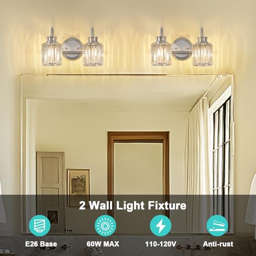 Image of Brushed Nickel Bathroom Light Fixtures with K9 Crystal Lampshade Bathroom Lighting Over Mirror Vanity Lights for Living Room,Bedroom,Restroom,Hallway 2 Lights
