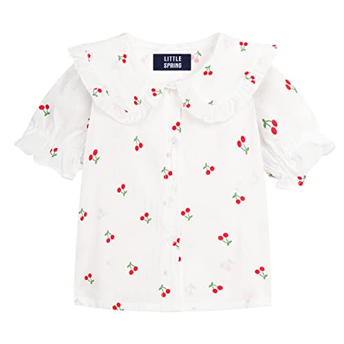 Image of LittleSpring Girls Short Sleeve Peter Pan Blouse with Elastic Cuffs