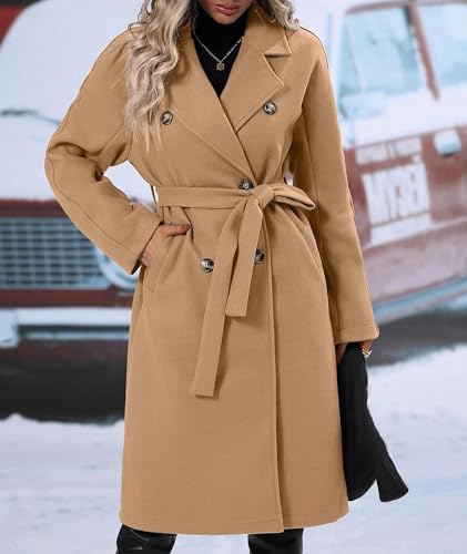 Sexyshine Women's Winter Double Breasted Trench Coat Notch Lapel Long Wool Pea Coat A Line Warm Overcoat with Belt2