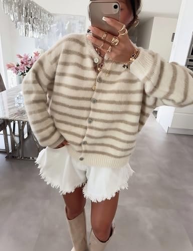 UANEO Womens Cardigans Striped Sweaters Button Down Lightweight Crewneck Knitwear Long Sleeve Outwear2