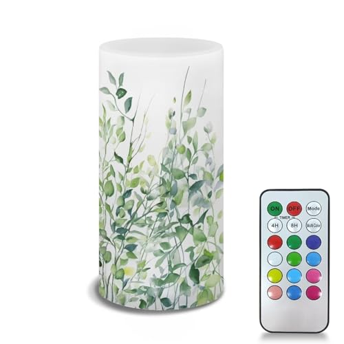 Image of Flameless LED Candle Flickering Wick Electric Candles with Remote Timer Color Changing 5.9 Inches Pillar Candle for Home Table Centerpiece Decoration, Leaf Green White