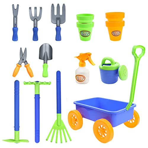 deAO Ensemble de Jeu avec Outils de Jardinage, Comprenant 10 Accessoires et 4 Pots pour Plantes