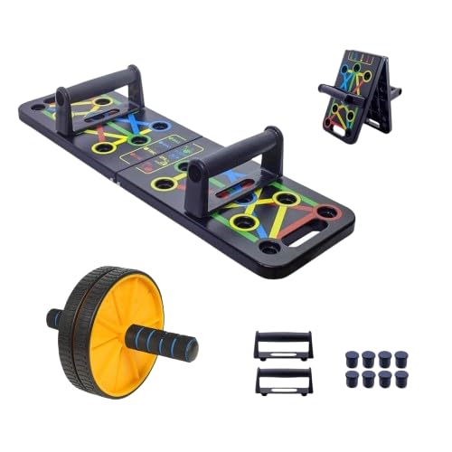 FitHead Combo of 15 in 1 Pushup Board & Stomach Abs Roller Wheel | Home & Gym Exercise Equipment for Chest, Shoulder, Triceps/Abs Workout Equipment for Abdominal with Knee Mat