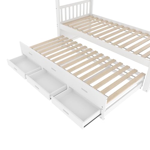 VIEKOS Litera de 90 x 200 cm, cama infantil, cama para niñas y niños, estructura de madera de pino y tablero de fibra de densidad media con escalera y cama extraíble y 3 cajones, sin colchón, color - imagen 9