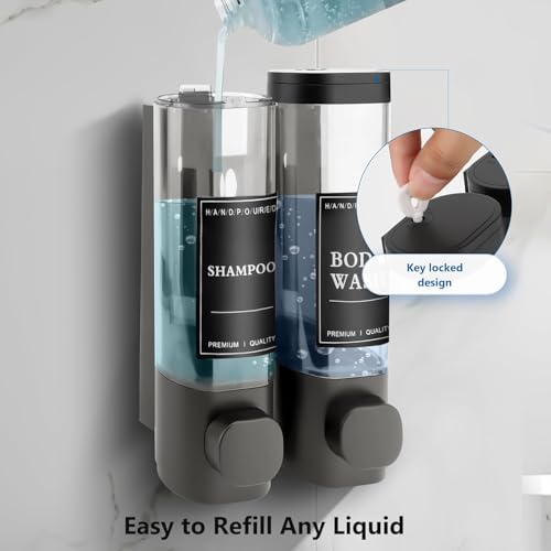 Image of Triple Wall Mounted Bathroom Soap Dispenser, Shampoo Conditioner Body Wash Container, Space Saving Refillable Liquid Dispenser for Shower Use (2-Chamber)