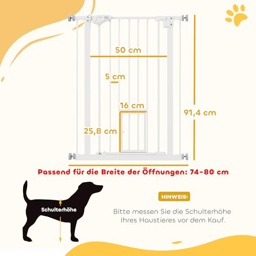 PawHut Treppenschutzgitter Türschutzgitter Ohne Bohren 74-80cm Kinderschutzgitter mit Auto-Close, Einhand Öffnung, doppelte Verriegelung, Türgitter für Kinder, Haustiere, für Treppen, Türen, Weiß